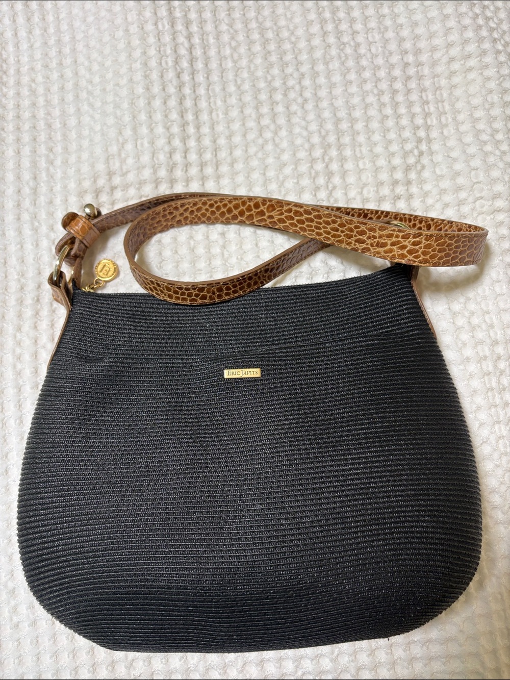 Eric Javits Black Woven Crossbody with Tan Croc-Effect Strap